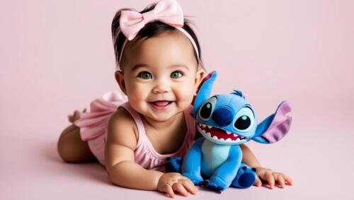A Filipino-American baby girl mixed race with green eyes and a narrow and Caucasian appearing nose wearing pink bow sitting up smiling cuddling stitch